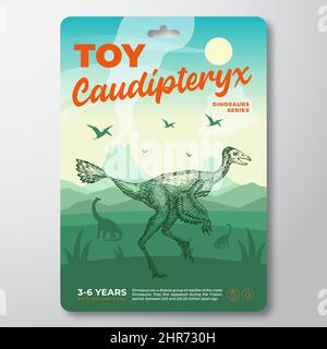 Modèle d'étiquette de dinosaure de jouet. Résumé Vector Packaging Design Layout. Typographie moderne avec paysage de volcan préhistorique et Caudipteryx dessiné à la main Illustration de Vecteur