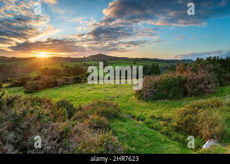 Magnifique coucher de soleil sur le parc national de Dartmoor, avec vue sur Brentor près de Tavistock Banque D'Images