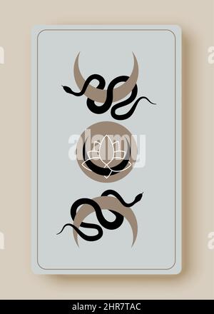 Carte tarot magique, croissant mystique magique Lune et serpents, fleur de Lotus, géométrie sacrée, symbole de déesse céleste païenne Wiccan, bannière wicca Illustration de Vecteur