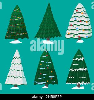 Arbres de Noël décorés dans un style de dessin animé plat, avec une guirlande recouverte de neige. Nouvelle année Illustration de Vecteur