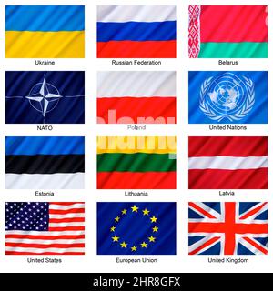 Fédération de Russie - conflit en Ukraine - drapeaux des pays concernés, des anciens États soviétiques, de l'ONU, de l'OTAN et des principales nations occidentales - le co Banque D'Images