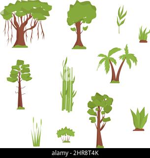 Végétation de l'Inde. Arbres et herbe. Banyan, palmiers, bambou, bois de santal, conifères au design plat Illustration de Vecteur