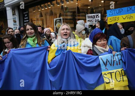 Istanbul, Turquie. 25th févr. 2022. Les manifestants tiennent des drapeaux et des pancartes ukrainiens pendant la manifestation. Des citoyens ukrainiens et des personnes anti-guerre en Turquie se sont rassemblés devant le consulat de Russie à Istanbul pour protester contre l'attaque des troupes russes contre l'Ukraine. Crédit : SOPA Images Limited/Alamy Live News Banque D'Images