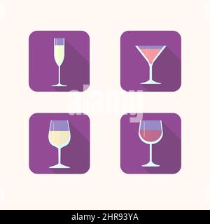 Icônes plates de verres avec champagne, vin, martini Illustration de Vecteur