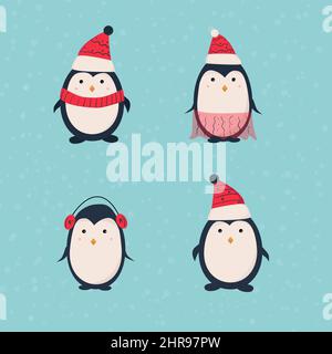 Manchots de dessin animé mignons dessinés à la main Illustration de Vecteur