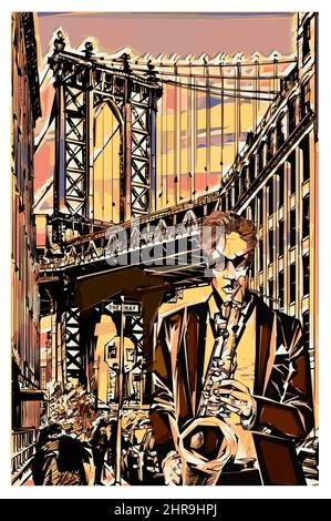 Saxophoniste près du pont de Manhattan à brooklyn - illustration vectorielle Illustration de Vecteur