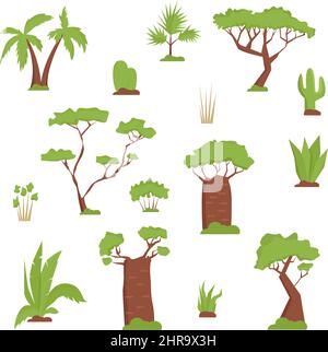 Ensemble d'arbres africains, herbes, feuilles. Style plat. Palmier, baobab, cactus, feuilles et plantes tropicales Illustration de Vecteur