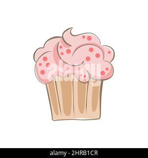 cupcake dessiné à la main avec crème et garniture. illustration simple de la nourriture de dessin animé du gâteau. Illustration de Vecteur