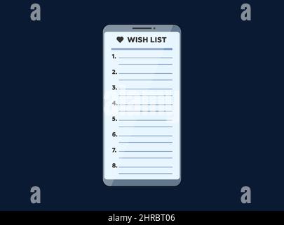 Smartphone avec application de liste de souhaits sur l'écran d'affichage. Illustration de l'application de téléphone mobile de la liste de souhaits en ligne Vector. Interface de téléphone utilisateur vide forme eps design Illustration de Vecteur