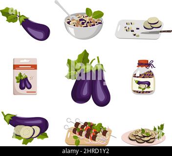 Jeu d'icônes aubergines violettes. Légumes entiers et tranches, cercles de graines et de feuilles. Aliments en dés dans un bol et une planche à découper. Plante dans un pot, barbecue sur brochette, plat sur le gril. Illustration vectorielle plate Illustration de Vecteur