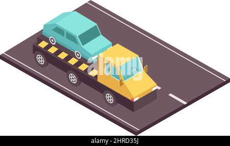 Composition isométrique de l'ensemble de route avec vue du véhicule de remorquage sur l'illustration vectorielle d'autoroute Illustration de Vecteur