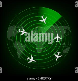 Un radar réaliste pour la recherche. Écran radar avec les objectifs. Illustration du stock vectoriel. Illustration vectorielle Illustration de Vecteur