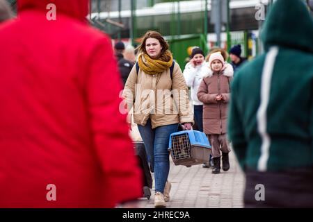 Medyka, Pologne. 25th févr. 2022. Les réfugiés ukrainiens traversent la frontière à Medyka. Réfugiés ukrainiens au poste frontière de Medyka. Le deuxième jour de l'invasion russe en Ukraine, des milliers de réfugiés sont arrivés en Pologne par le passage frontalier de Medyka, et une énorme file d'attente de personnes du côté ukrainien tente d'arriver en Pologne. Crédit : SOPA Images Limited/Alamy Live News Banque D'Images