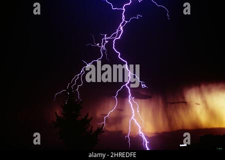 1990S ÉCLAIR UNIQUE PENDANT UNE TEMPÊTE DE TONNERRE AVEC LA PLUIE S'ÉCOULENT DU NUAGE DE TONNERRE SOMBRE À FAIBLE PENDAISON COLORADO USA - KL17565 ARM001 HARS ATMOSPHÈRE BOULON COLORADO DÉCHARGE ÉLECTROSTATIQUE DE PLASMA À L'ANCIENNE TONNERRE Banque D'Images