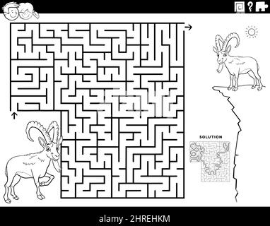 Dessin animé noir et blanc illustration du jeu éducatif de puzzle de labyrinthe pour les enfants avec ibex ou capricorne animal caractère coloriage page livre Illustration de Vecteur