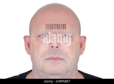 Rendu futuriste du visage d'un homme avec un code QR sur son front. Image conceptuelle du contrôle de la population. Le code QR contient le texte « Gen Banque D'Images