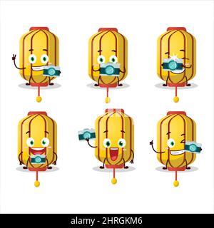 Émoticône de la profession de photographe avec personnage de dessin animé chinois jaune à lampe longue. Illustration vectorielle Illustration de Vecteur