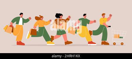 Les personnes avec des sacs et des chariots courent. Concept de vente en magasin, remise en magasin. Illustration vectorielle plate de la foule des hommes et des femmes excités à la course rapide, à la hâte et à l'achat Illustration de Vecteur