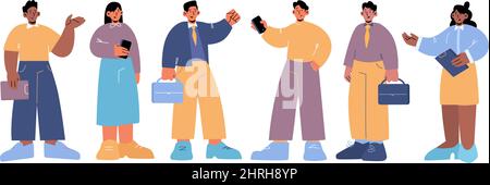 Divers hommes d'affaires, multiracial, multiculturel groupe de personnages, hommes et femmes de couleur de peau et de sexe différents, sont en ligne avec des gadgets. Illustration vectorielle d'art de la ligne pour jeunes hommes d'affaires Illustration de Vecteur