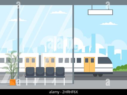 Gare avec train de transport paysage, plate-forme pour le départ et métro intérieur en fond plat affiche Illustration Illustration de Vecteur