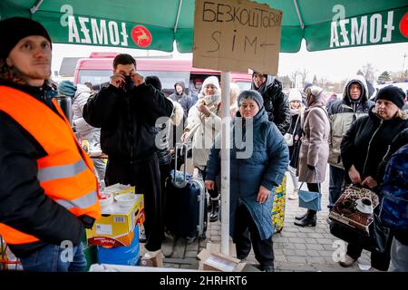 Les Volutarees fournissent des cartes SIM gratuites et de la nourriture aux hommes et aux femmes qui ont échappé à l'Ukraine alors que des dizaines de milliers d'évadés d'Ukraine entrent en Pologne après que la Russie prenne plus de territoire ukrainien - poste frontière entre la Pologne et l'Ukraine à Medyka, Pologne, le 25 février 2022. Alors que l'armée de la Fédération de Russie a franchi les frontières ukrainiennes, le conflit entre l'Ukraine et le russe devrait forcer jusqu'à 5 millions d'Ukrainiens à fuir. La plupart des réfugiés vont chercher asile en Pologne. La plupart des évadés actuels sont des familles de ces Ukrainiens qui travaillent déjà en Pologne. Les postes frontière sont remplis de milliers d'hommes et de femmes wai Banque D'Images