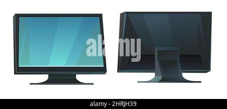 Computer monitor power. Front and back views. Cartoon style. Object isolated on white background. Vector. Illustration de Vecteur