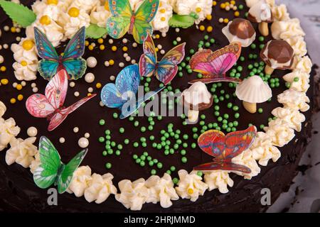 Gâteau au chocolat à la crème blanche, papillons colorés et champignons au chocolat sur fond de bois Banque D'Images