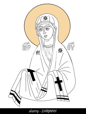 Icône de l'intercession de la plupart des saints Theotokos. La Vierge Sainte Marie mère Marie d'intercession avec un omophorion. Dessin manuel linéaire. Illustration vectorielle Illustration de Vecteur