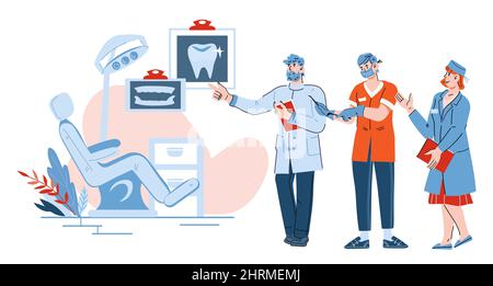 Modèle de page Web pour clinique dentaire avec des personnages de dentistes, illustration vectorielle de dessin animé. Conception de bannière de site Web pour la dentisterie et le bureau de soins buccaux Illustration de Vecteur