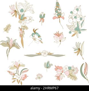 Illustration vectorielle de la collection de bouquets floraux. Un ensemble de belles fleurs et branches en vecteur Illustration de Vecteur