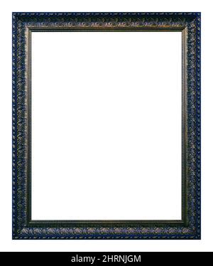 Cadre en bois bleu à motif doré antique isolé sur fond blanc. Style vintage. Banque D'Images