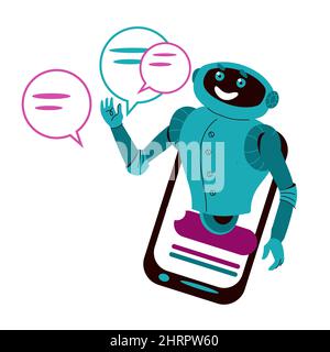 Chatbot sur l'écran du smartphone. Assistance ai assistant et concept de FAQ, application de service vocal robotique des clients, vecteur de dessin animé plat Illustration isolée sur Illustration de Vecteur
