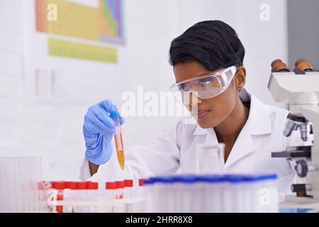 Travail quotidien. Un beau jeune scientifique qui dépose une substance dans des tubes à essai dans son laboratoire. Banque D'Images