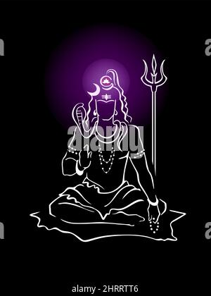 Shiva, dieu hindou, donnant la bénédiction, avec le chakra de couronne de Sahasrara brillant. Mahadeva, Dieu suprême de la destruction, du temps, de la danse, du yoga. Élégant dessin à la main noir Illustration de Vecteur