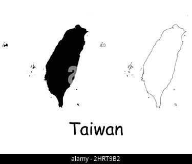 Carte de Taïwan. Silhouette taïwanaise noire et carte de contour isolée sur fond blanc. Symbole de la ligne frontière de la République de Chine Illustration de Vecteur