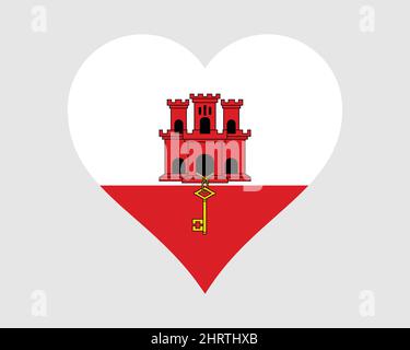 Drapeau de coeur de Gibraltar. Drapeau de la forme d'amour de Gibraltar. Icône de bannière du territoire britannique d'outre-mer symbole Clipart. Illustration du vecteur EPS. Illustration de Vecteur