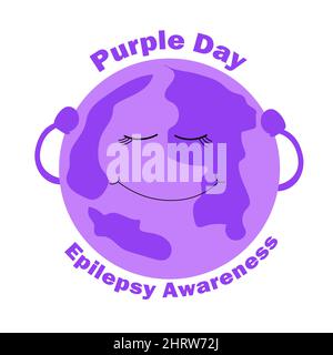 La terre violette tient les mains derrière la tête. Journée mondiale de sensibilisation à l'épilepsie. Violet jour. Mars 26. Créez une carte postale, une bannière, une affiche ou un modèle. Plat Illustration de Vecteur
