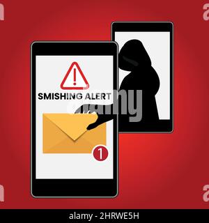 Concept de smatage. Pirate insérant dans un téléphone cellulaire un sms pour utilisation frauduleuse. Alerte pour les messages d'interruption Illustration de Vecteur