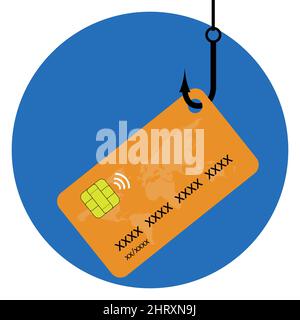 Concept de phishing. Carte de crédit pêchée par un crochet. Alerte d'escroquerie de vol de données bancaires Illustration de Vecteur