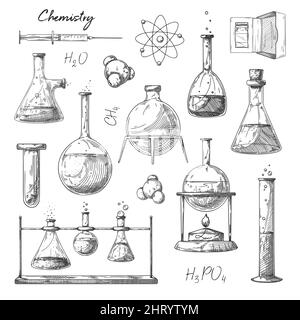 Jeu de différents flacons pharmaceutiques, béchers et tubes à essai. Esquisse d'objets de laboratoire chimique. Symbole de découverte et de chimie. Illustration de Vecteur