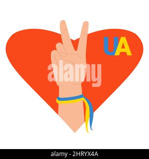 Main avec ruban bleu jaune montre le geste de main V - victoire. Deux doigts vers le haut sur fond d'un cœur rouge. Couleurs du drapeau ukrainien. Illustrateur de vecteur Illustration de Vecteur