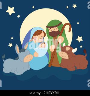 Dessin animé des personnages de la nativité au-dessus du ciel avec un vecteur de pleine lune Illustration de Vecteur