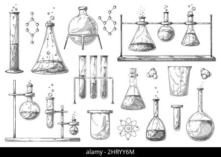 Jeu de différents flacons pharmaceutiques, béchers et tubes à essai. Esquisse d'objets de laboratoire chimique. Symbole de découverte et de chimie. Illustration de Vecteur