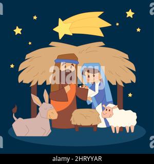 Scène de Nativité dans une hutte dessin d'une vierge mary joseph et animaux vecteur Illustration de Vecteur