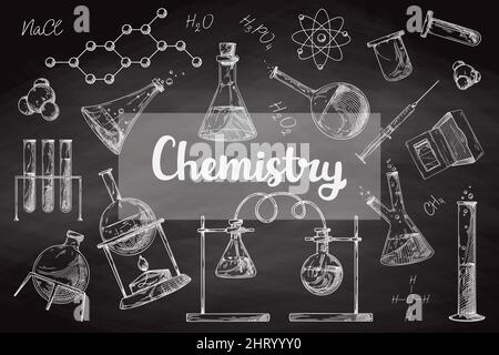 Jeu de différents flacons pharmaceutiques, béchers et tubes à essai. Croquis d'objets de laboratoire chimique sur un tableau de craie. Symbole de découverte et de chimie Illustration de Vecteur