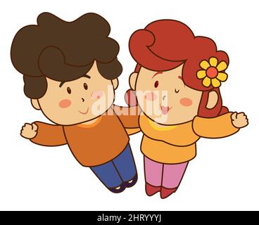 Motif sans pinces représentant un joli couple de jeunes hommes avec un manteau et un pantalon bleu, et une femme aux cheveux rouges avec un chemisier et un pantalon rose. Illustration de Vecteur