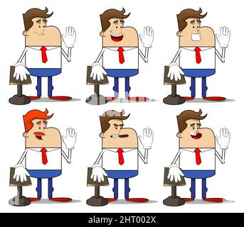 Simple dessin animé rétro d'un homme d'affaires levant la main et mettre l'autre sur un livre Saint. Professionnel de la finance employé blanc portant une chemise avec TI rouge Illustration de Vecteur
