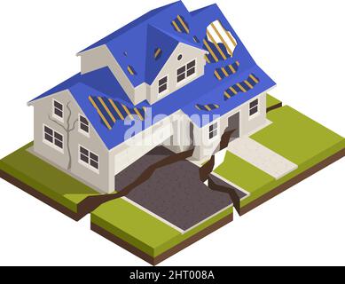 Catastrophes naturelles composition isométrique avec vue de la maison fissurée par l'illustration du vecteur de rupture de la terre Illustration de Vecteur