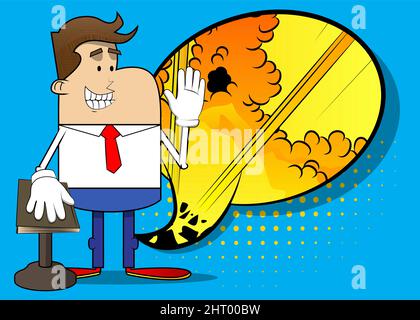 Simple dessin animé rétro d'un homme d'affaires levant la main et mettre l'autre sur un livre Saint. Professionnel de la finance employé blanc portant une chemise avec TI rouge Illustration de Vecteur