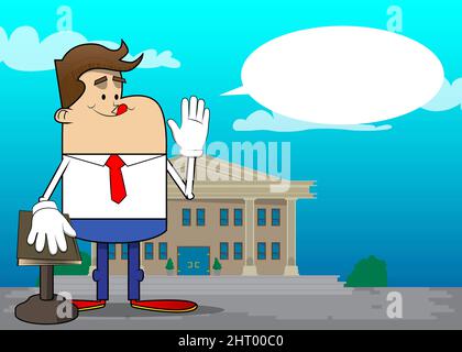 Simple dessin animé rétro d'un homme d'affaires levant la main et mettre l'autre sur un livre Saint. Professionnel de la finance employé blanc portant une chemise avec TI rouge Illustration de Vecteur